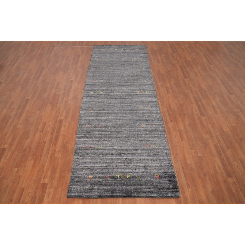 Hand Knotted Oriental Viscose Silk Carpet Tribal Animal Pictorial Greys & Charcoal Gabbeh Runner Rug - 11' 9'' X 4' 1''
