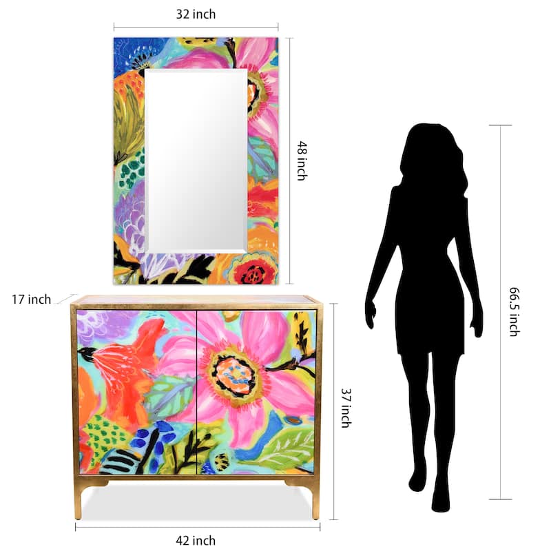 "Secret Garden Floral" Reverse Printed Beveled Art Glass Cabinet Console Table and Mirror Set