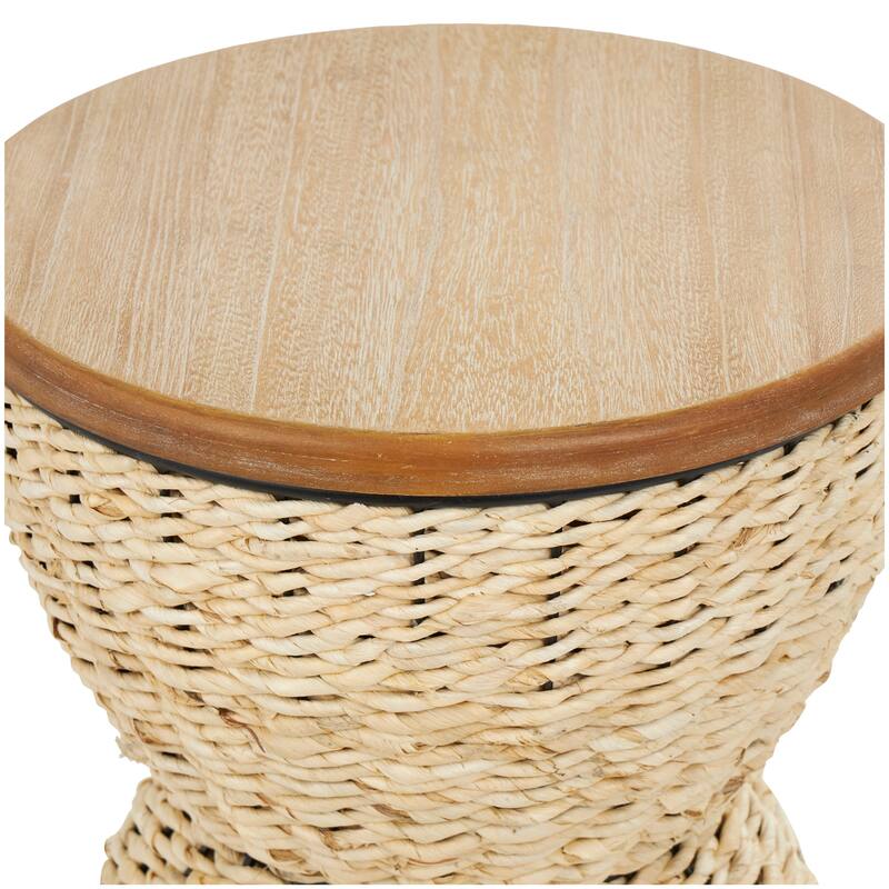 Light Brown or Brown Rattan Handmade Woven Side End Accent Table with Wood Tabletop and Black Frame