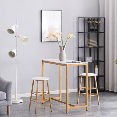 Simple Bar Table and 2 Round Bar Stool Set Marble Gold