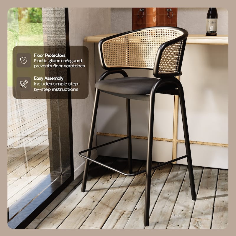 LeisureMod Ervilla Modern Wicker Leather Bar Stool with Curved Back & Stainless Steel Frame for Home & Kitchen