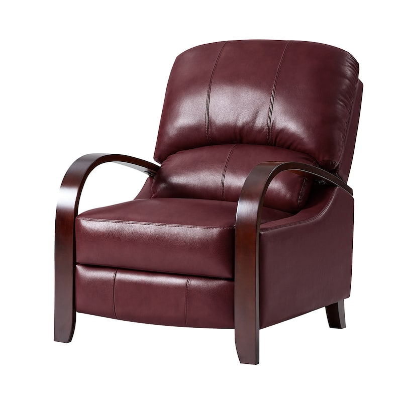 Alex Mid-century Modern Genuine Leather Manual Recliner with Wooden Curved Arms
