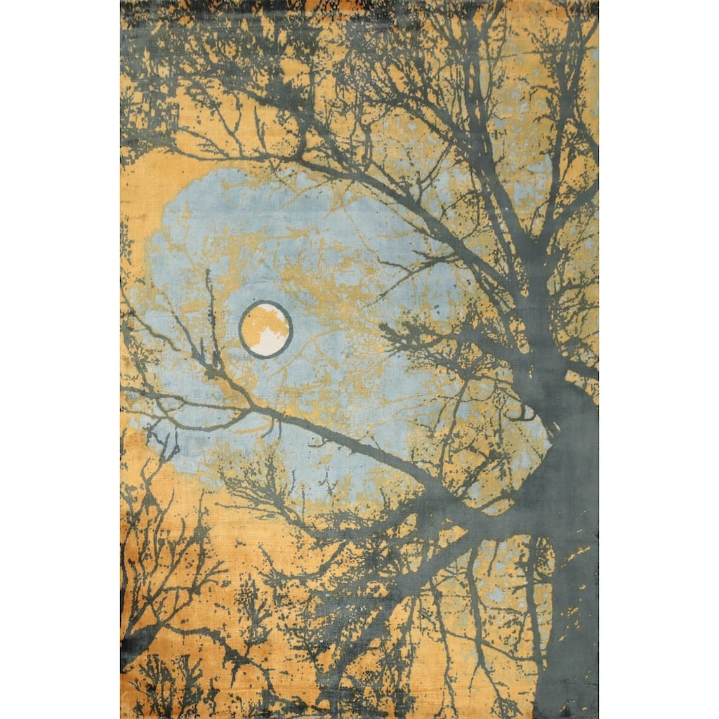 Hand Knotted Oriental Viscose Silk Carpet Modern Pictorial Oranges & Rust Abstract Area Rug - 7' 10'' X 5' 8''