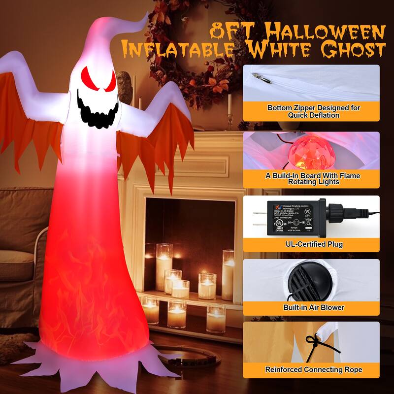 Costway 8 FT Halloween Inflatable White Ghost with Rotatable Flame LED
