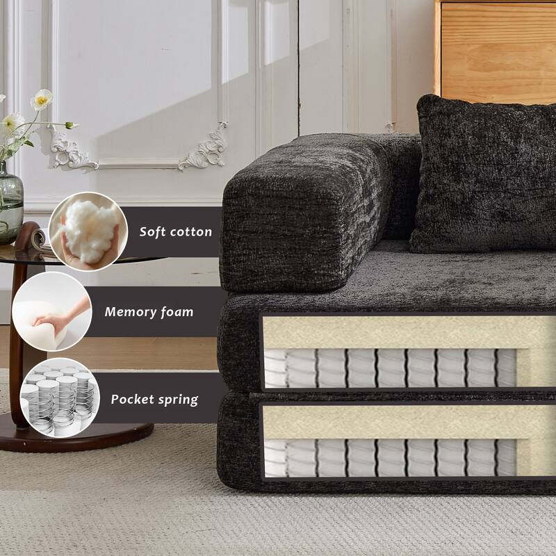 Chenille Fabric Compression Sofa, Boneless Modular Sectional Sofa, Convertible Floor Sofa Bed with Fixed-Shape Frame