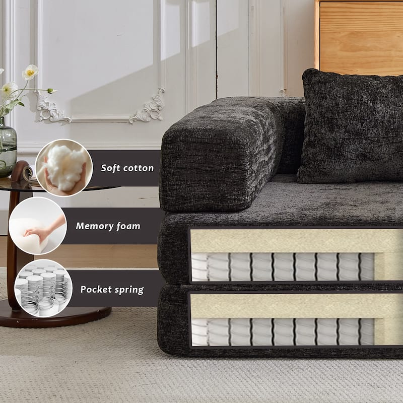 Convertible Floor Sofa Bed - Fixed Frame Chenille Loveseat, Modular Sectional, No Assembly Required