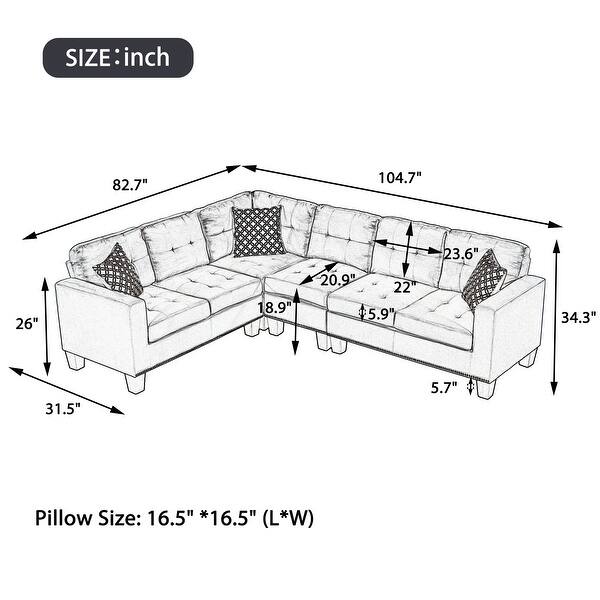 Elegant Velvet Sectional Sofa with 3 Pillows Upholstered Coner Couch