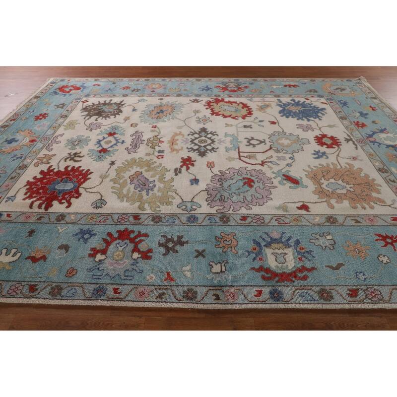 Floral Ivory & Blue Oushak Oriental Area Rug Handmade Wool Carpet - 9'0"x 11'7"