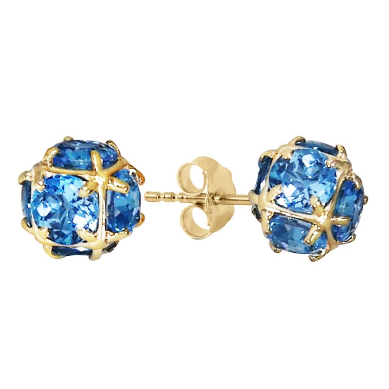 14K Solid Gold Stud Gemstone Earrings Natural Blue Topaz Certified - Yellow