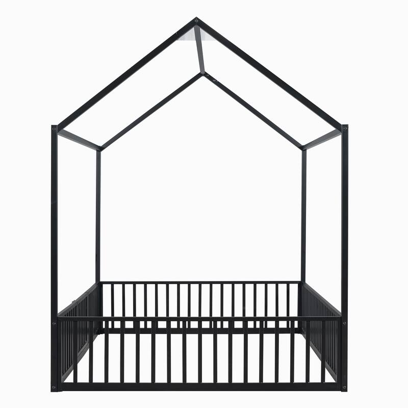 Creative House Design Twin/Full Size Metal Bed with Guardrails and Playful Fence - Ideal for Kids' Bedroom