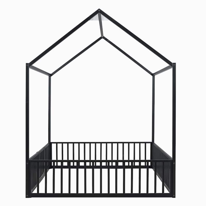 Metal House Bed with Fence, Roof & Door