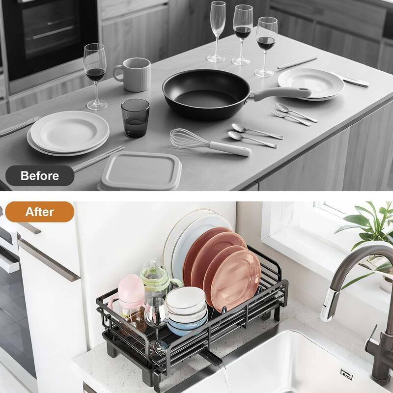 Dish Drying Rack, Expandable Dish Rack, Carbon Steel Dish Draine for Kitchen Counter - black