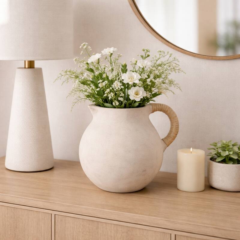 Pottery Vase with Woven Rattan Handle - Tall Flower Vase