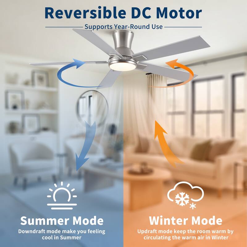52" Modern Brushed Nickel Finish Reversible Quiet Motor Ceiling Fan with Light and Remote Control