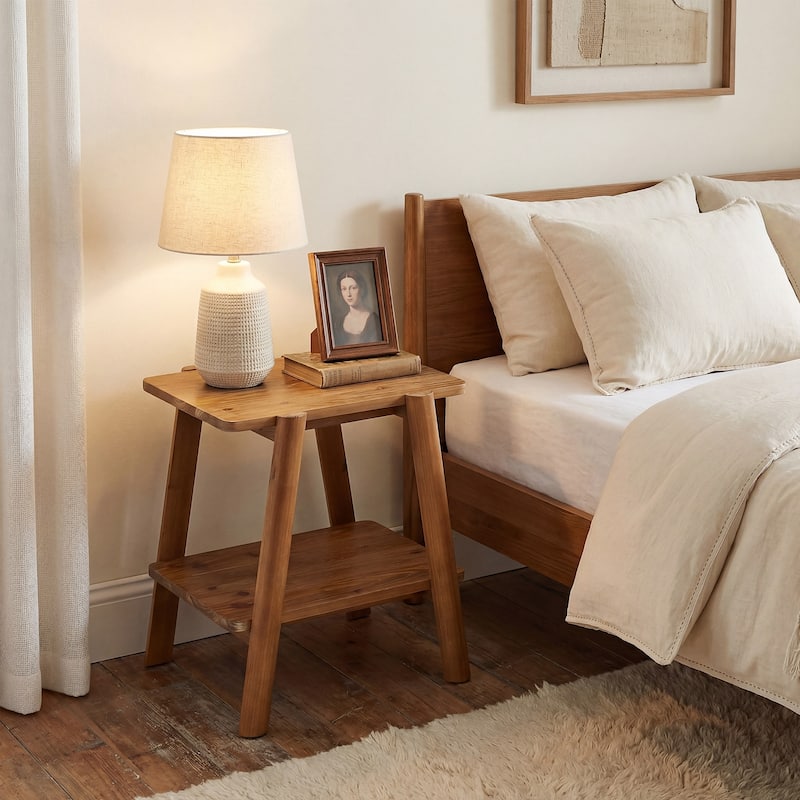 2 Tier Solid Wood Side Table, Farmhouse Table with Storage Shelves