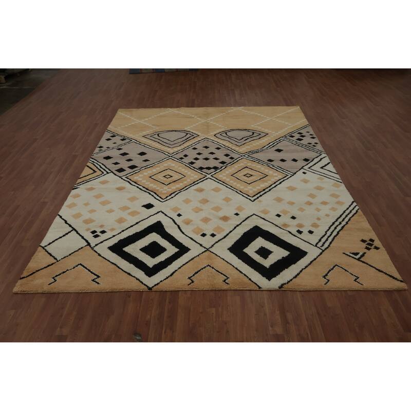 Hand Knotted Oriental 100% Wool Carpet Modern Geometric Yellow & Gold Moroccan Area Rug - 12' 1'' X 9' 1''