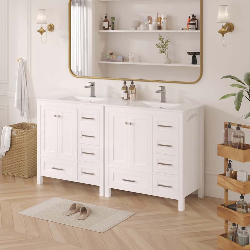 EROMMY All-in-One Bathroom Vanity with Ceramic Sink, Soft-Close Storage Cabinet & Drawer, Glossy Countertop, White