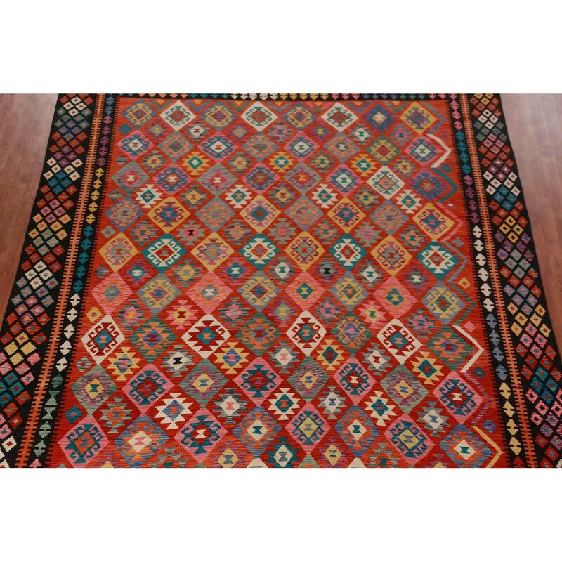 Kilim Oriental Area Rug Flatweave Orange Reversible Wool Carpet - 9'9"x 13'0"