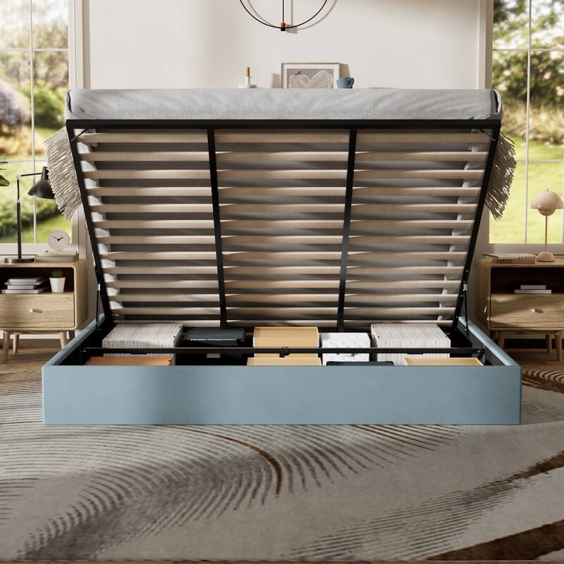 Plywood Frame Upholstered Platform Bed with Lift-up Storage Supported by Metal and Wooden Slats