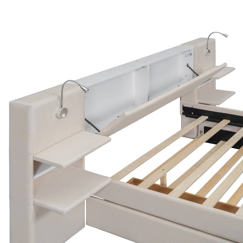 Queen Size Linen Platform Bed with Reading Lights, Flip-Up Storage Headboard, Side Storage Racks, Under-Bed Storage