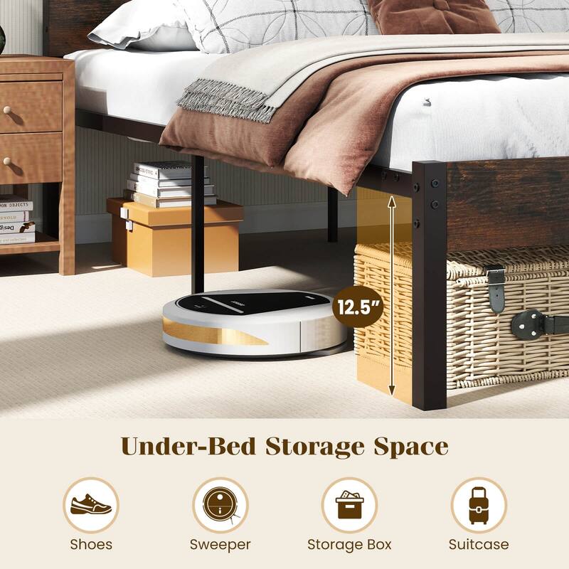 Costway Full Size Bed Frame with Built-in Charging Station Sturdy