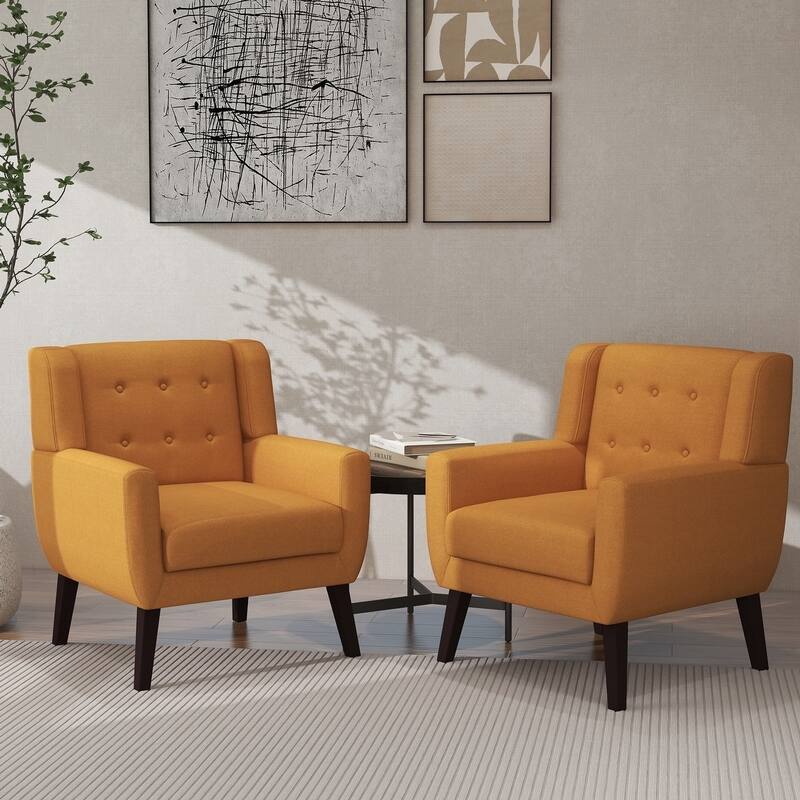 Mid Century Modern Button Tufted Accent Chair with Wood Legs - Set of 2 - Orange/Set