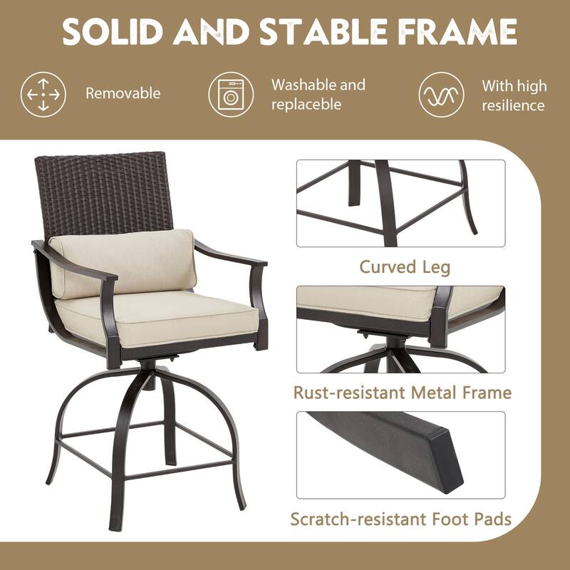 EROMMY Outdoor Bar Set, High Top Patio Table with 2 Swivel Bar Stools, Rattan Bistro Set for Backyard, Poolside, Garden