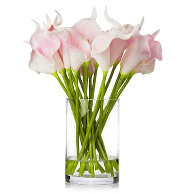 Enova Home Artificial 20 Pieces Real Touch Lilies Fake Silk Flowers Arrangement in Glass Vase with Faux Water for Home Decor