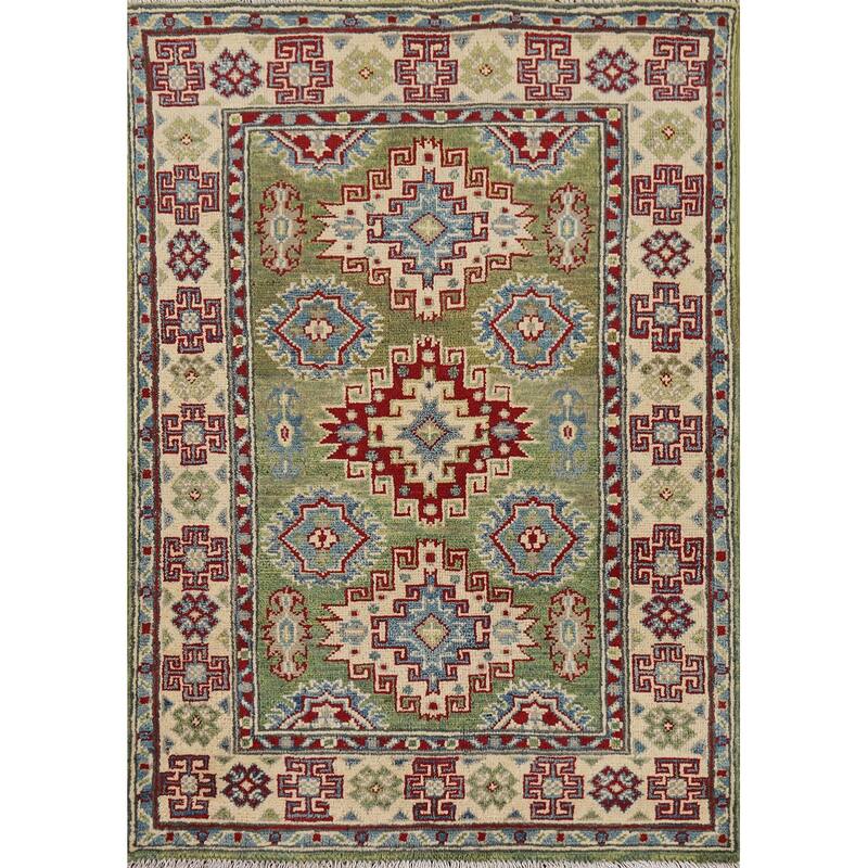 Green Kazak Accent Rug Handmade Oriental Wool Carpet - 2'8" x 3'11"