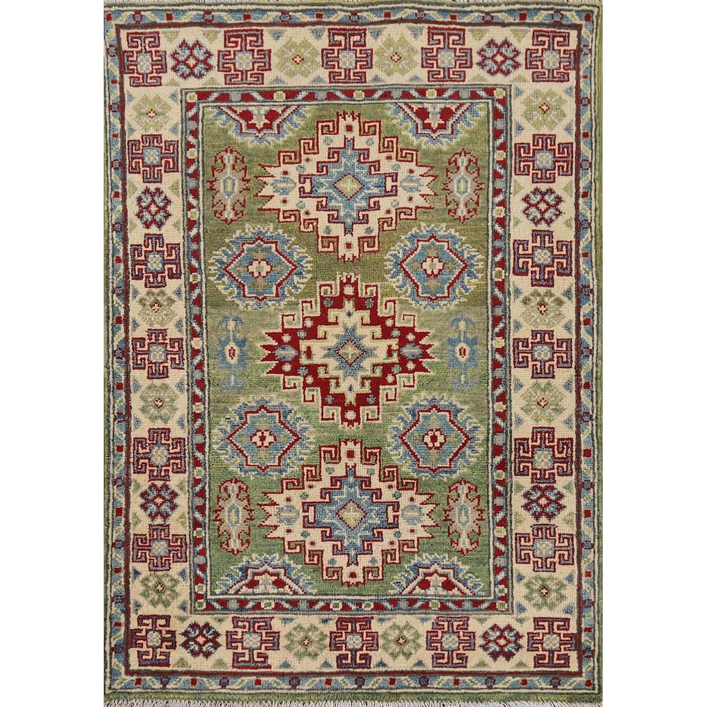 Green Kazak Accent Rug Handmade Oriental Wool Carpet - 2'8" x 3'11"