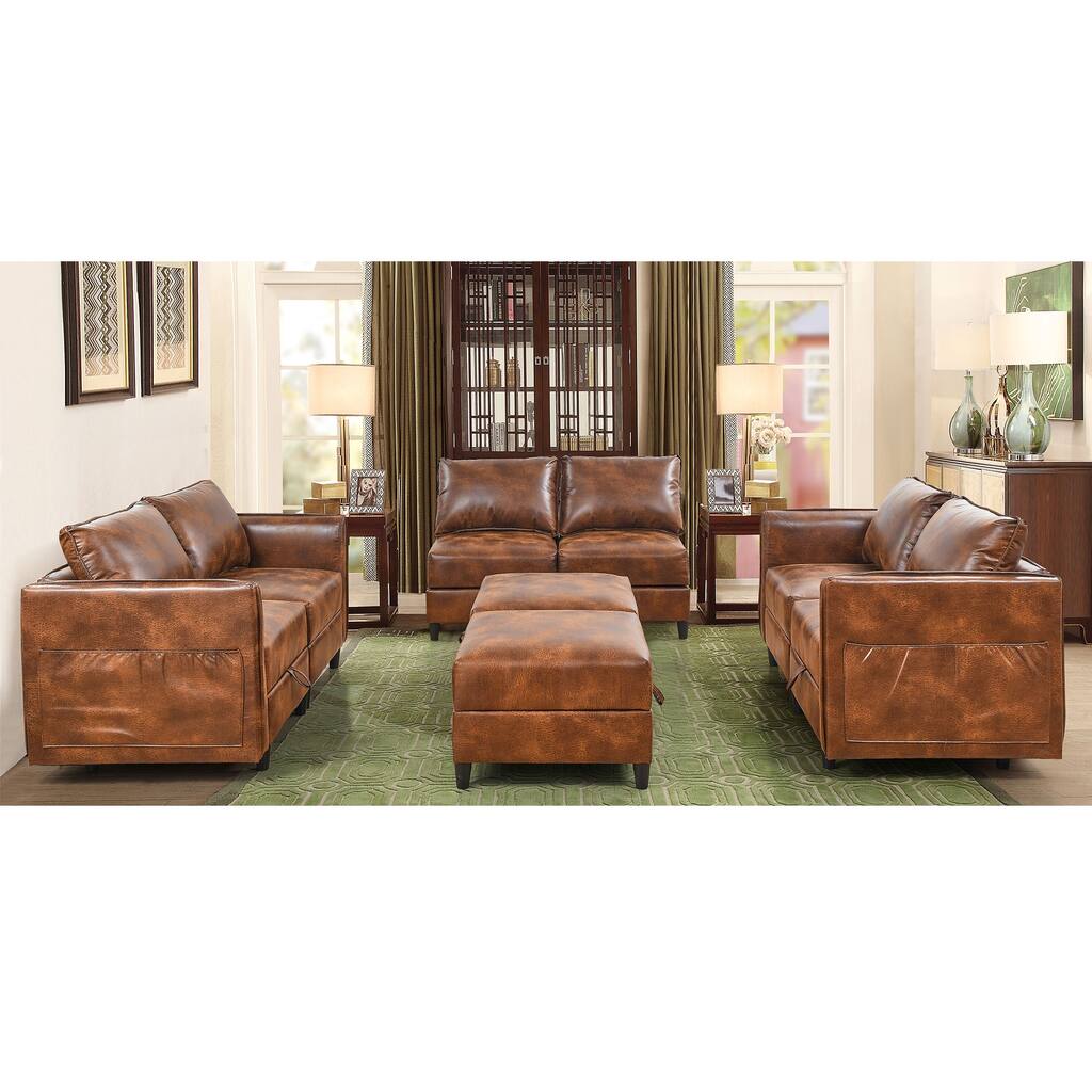 Fabric Upholstered Sectional Sofa with Ottoman, Sturdy Solid Wood Frame ...