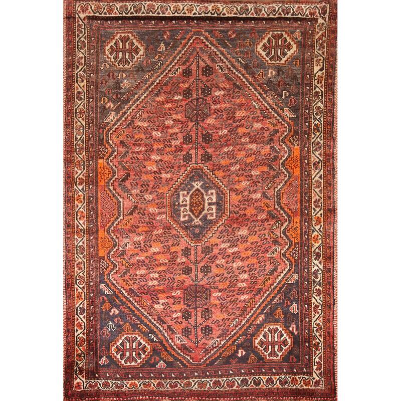Hand Knotted Oriental 100% Wool Carpet Traditional Tribal Red Qashqai Area Rug - 6' 8'' X 4' 11''