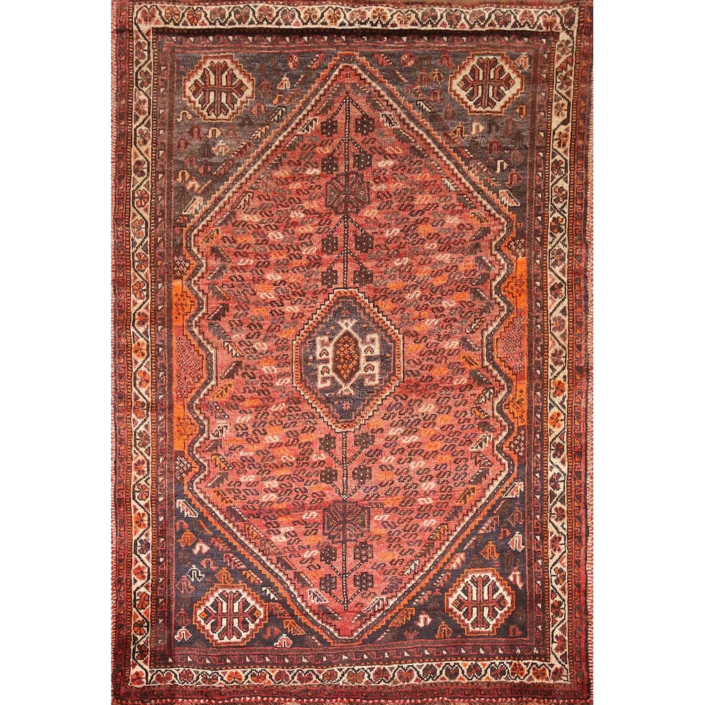 Hand Knotted Oriental 100% Wool Carpet Traditional Tribal Red Qashqai Area Rug - 6' 8'' X 4' 11''