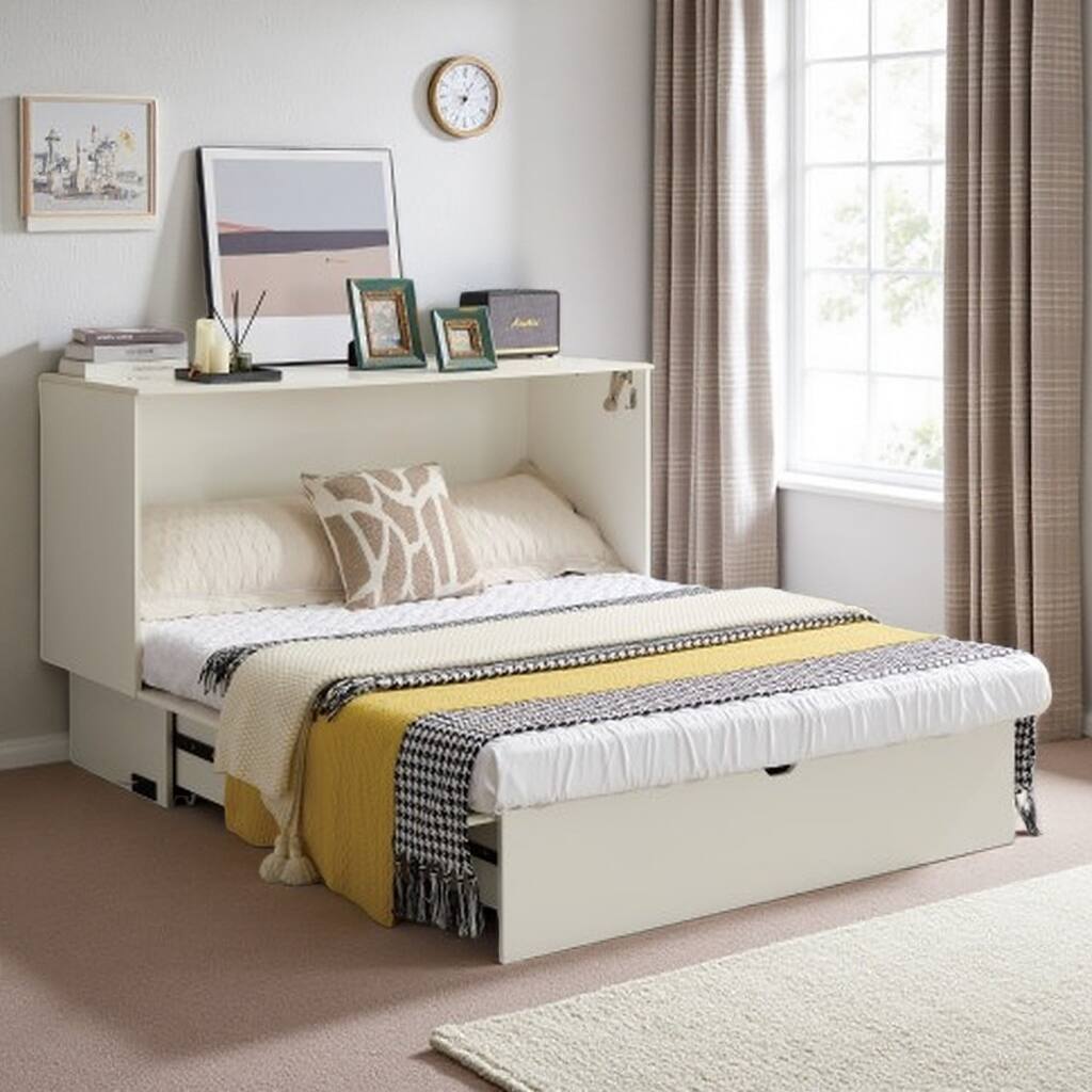 Queen Size Murphy Bed Cabinet with Storage Drawer, Folding Foam Mattress, USB & AC Charging Ports, and Smooth Glide Mechanism