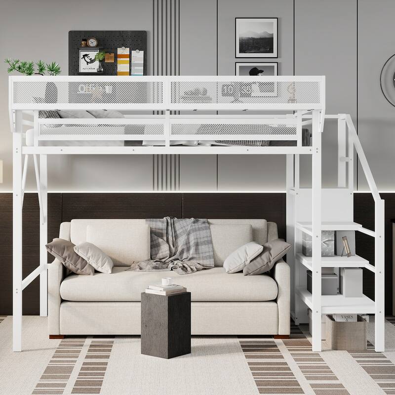 Twin XL Size Loft Bed with Stairs, Metal Full Loft Bed with Storage Shelves, High Loft Bed with Wardrobe for Kids Teens