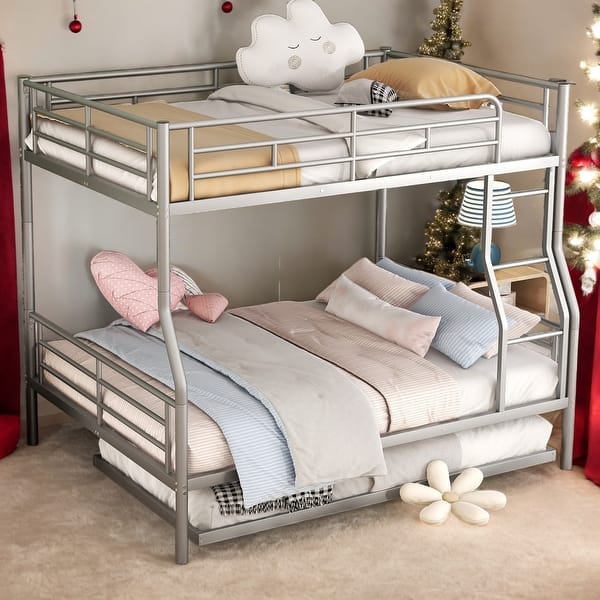 slide 2 of 32, [Save Space or Split Into 2 Beds] Full XL Over Queen Metal Bunk Bed with Trundle Silver