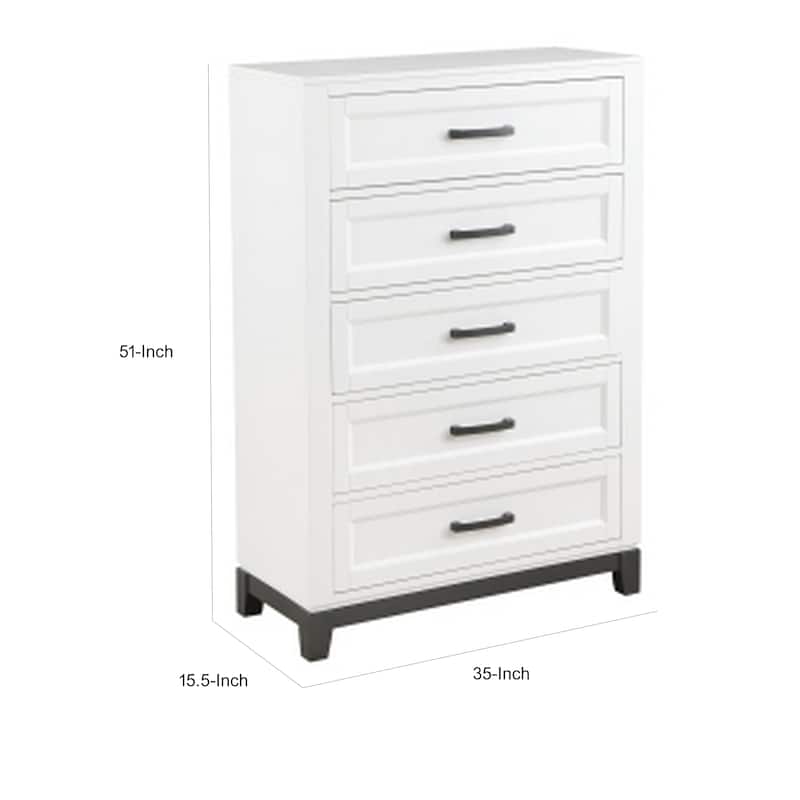 Thiem 51 Inch Tall Dresser Chest with 5 Drawers, Black Handles, White Wood