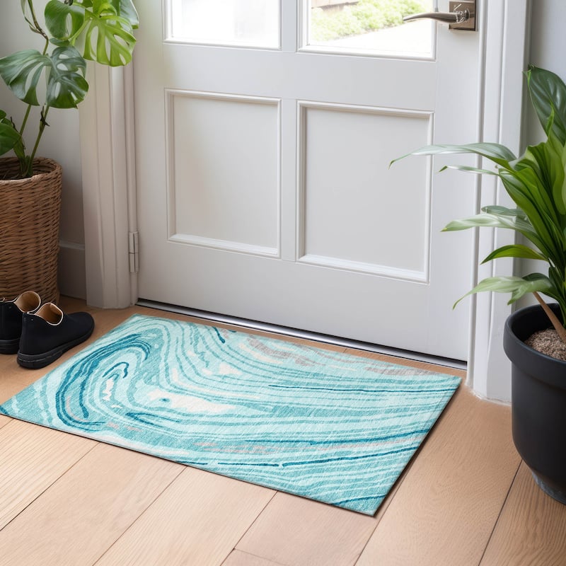 Machine Washable Indoor/ Outdoor Abstract Brushstrokes Chantille Rug - Turquoise - 1'8" x 2'6"