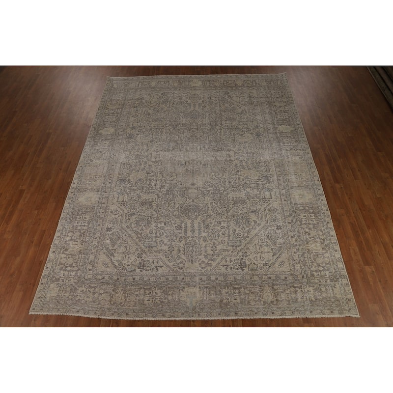 Geometric Tabriz Persian Vintage Rug Hand-Knotted Beige Wool Carpet - 9'1" x 12'4"