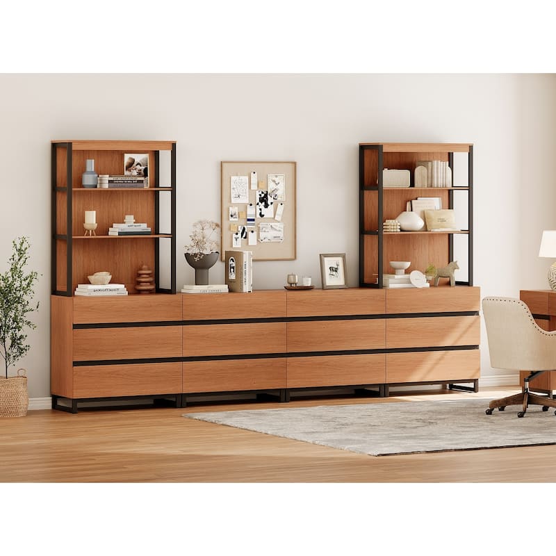 WAMPAT Modern TV Stand with 3 Tiers Bookshelf, Farmhouse Entertainment Center with 12 Drawers and Adjustable Shelf