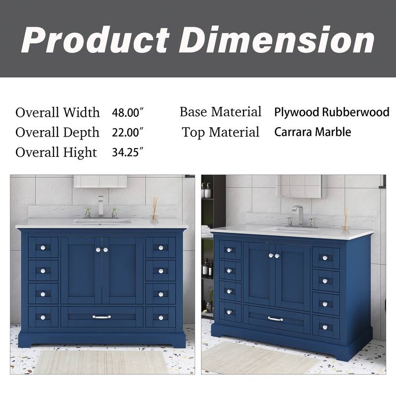 48 inch Plywood Single Sink Freestanding Bath Vanity with White Marble Top - 48" x 22"