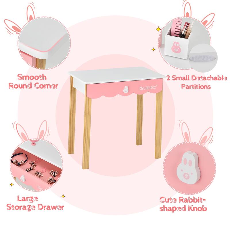Costway Kids Vanity Set Rabbit Makeup Dressing Table Chair Set W/ - See Details