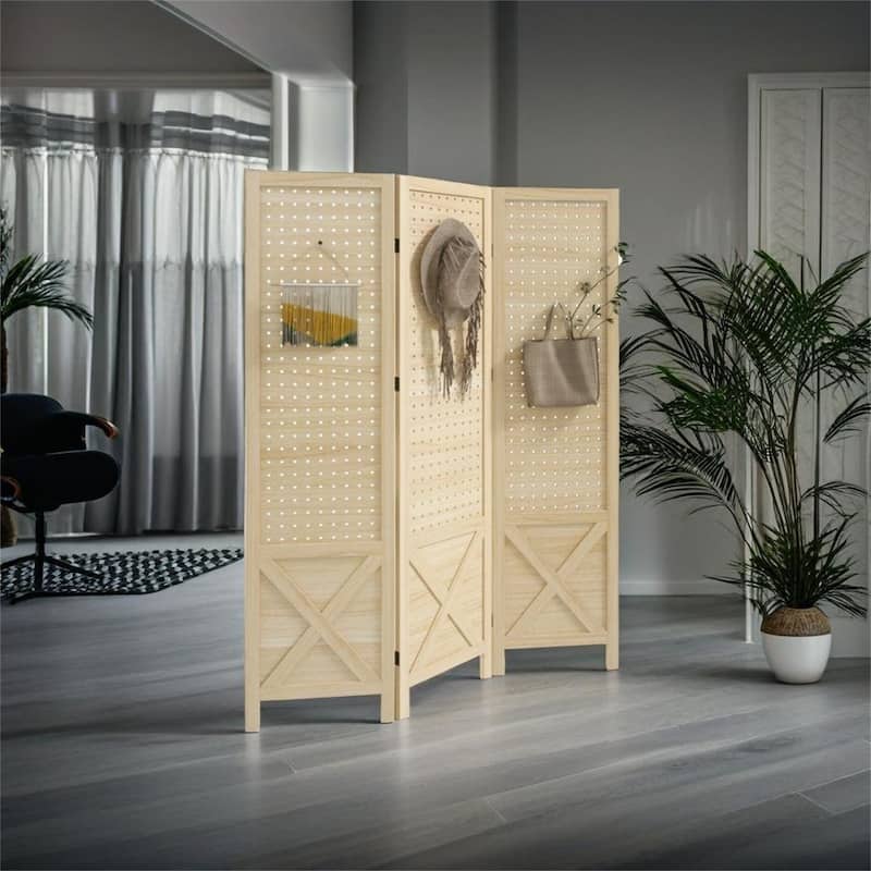 3 Panel Pegboard Display Room Divider - Natural