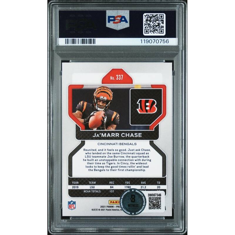 Ja'Marr Chase 2021 Panini Prizm Signed Football Rookie Card #337 Authentic Auto PSA Cert # 119070756 - 8' x 11'