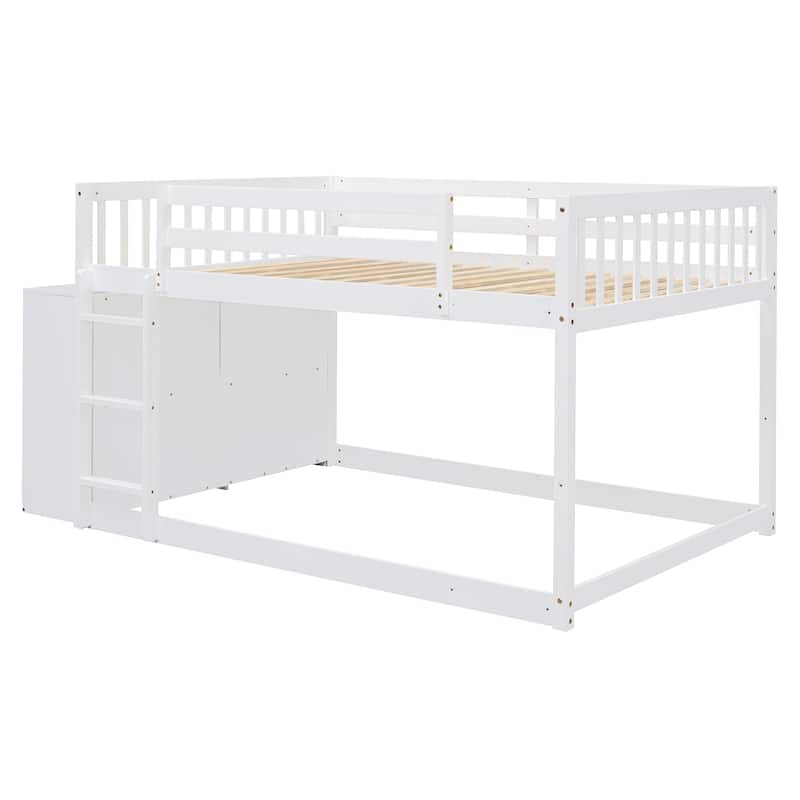 Wood Floor Bunk Bed w/ 4 Drawers, Convertible Side Cabinets & Ladders