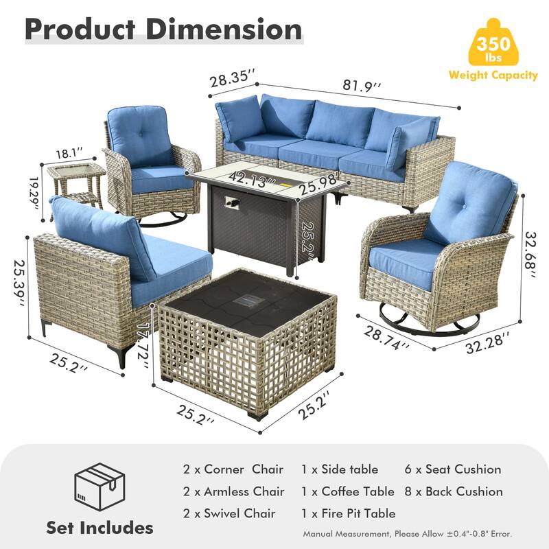 HOOOWOOO 9-piece Wicker Outdoor Furniture Patio Sofa Swivel Chair Set with Fire Pit Table