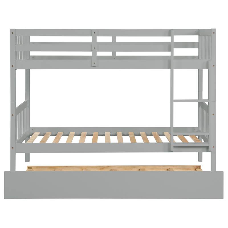 Convertible Twin Over Twin Bunk Bed with Trundle, Grey, Rubber Wood, Detachable into 2 Twin Beds