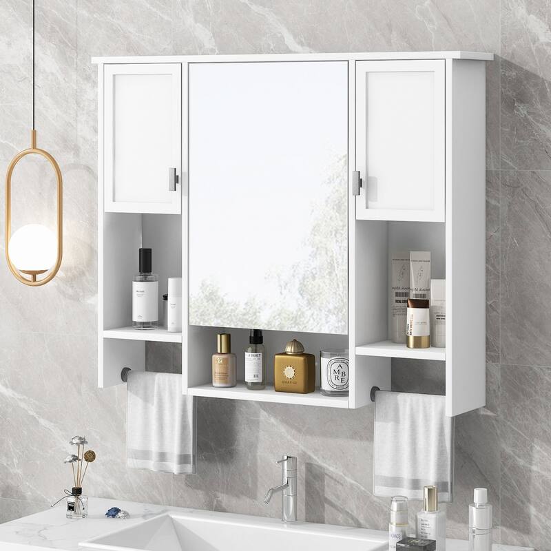 35'' x 28'' Modern Wall Mounted Bathroom Storage Cabinet with Mirror and Towel Bar,Perfect for Organized and Stylish Bathrooms