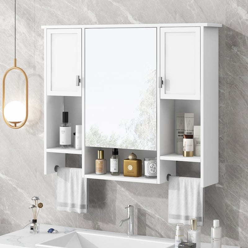35'' x 28'' Modern Wall Mounted Bathroom Storage Cabinet with Mirror and Towel Bar,Space-Saving and Stylish Design