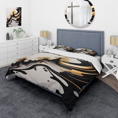 Designart "Black And Gold Wave" Black Modern - Bed Cover Set With Shams